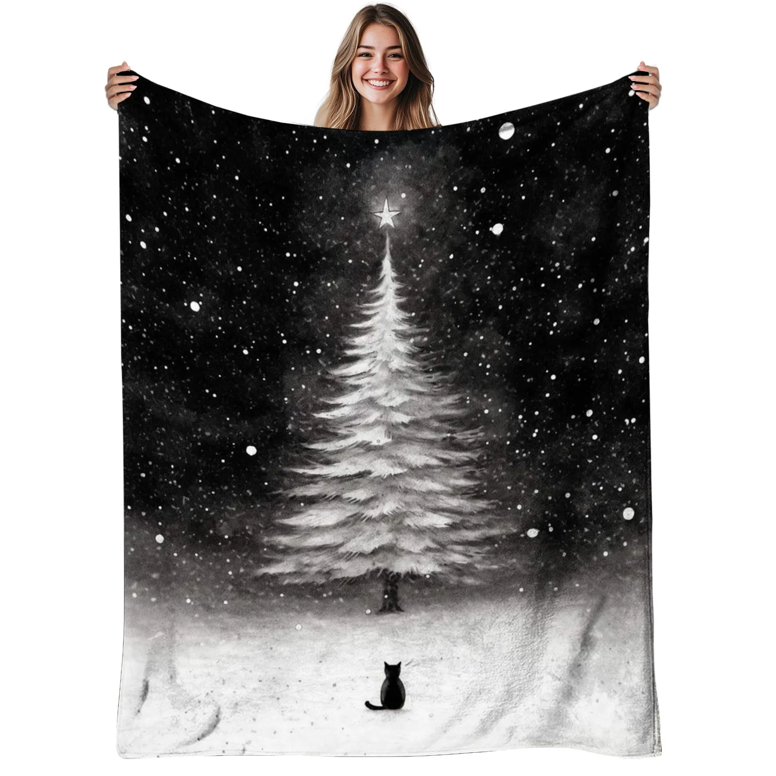 1pc Christmas Tree Cat Flannel Blanket - Soft Warm Winter Snow Night Design with Cat & Snowy Evergreen Tree Print, 280gsm All-Season Cozy Throw for Bed, Sofa, Living Room - & Holiday Decor for Christmas, New Year's, Fall & Halloween - Machine Washab