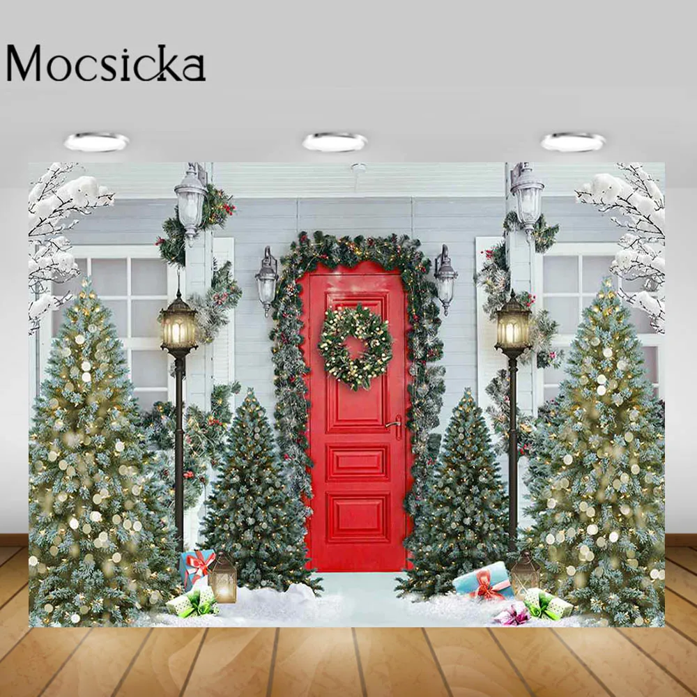 

Mocsicka Christmas Backdrop for Photography Red Door Christmas Tree Winter Baby Child Birthday Photocall Studio Photo Background