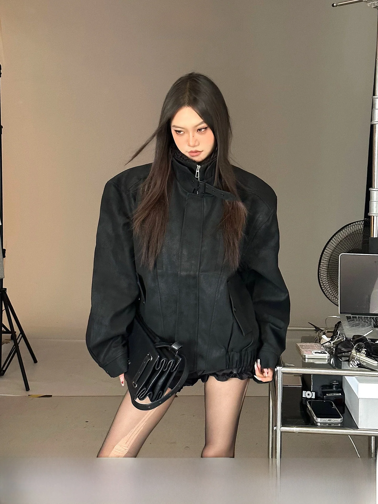 

CCUP SPACE American Retro Bla High Street Loose Long Sve Stand Collar Motorcycle Jaet Outerwear ex Zipper Closure ...