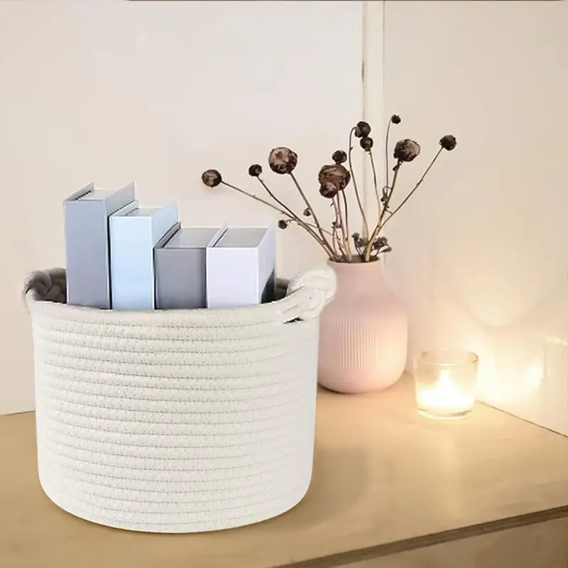 Woven Rope Storage Basket With Twist Handle Round Toy Storage Basket Round Toy Storage Bin For Desk Organization