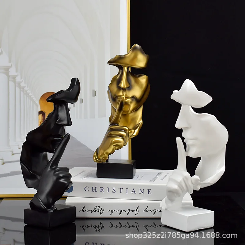 Statuetka Myśliciela Rzeźba Cisza Jest Złotą Figurkami Żywica Retro Wystrój Domu Do Biura Gabinetu Salonu Abstrakcyjne Ozdoby Twarzy