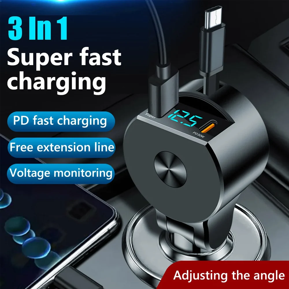 1pc Car 3 in 1 Retractable Fast Charging Adapter Voltage Detection Phone Charger QC3.0 Type C PD USB Digital Display Charger
