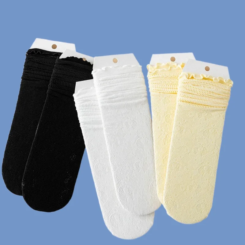 5/10 Pairs Summer Thin Breathable Cotton Socks Women's Sweat-Absorbent Hollow Small Flower Wood Ear-edge Long Socks