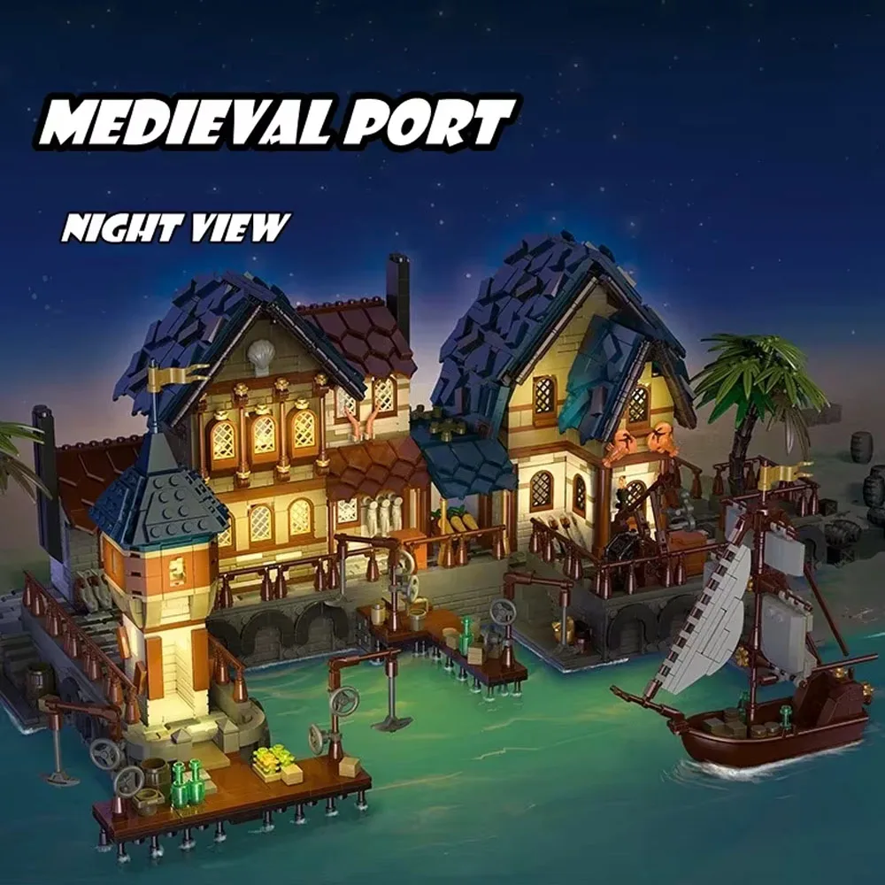 Creator Expert MOC 89152 Medieval Harbor Port Town Model 2979PCS Building Blocks Brick Toys for Children Boys with light Gift