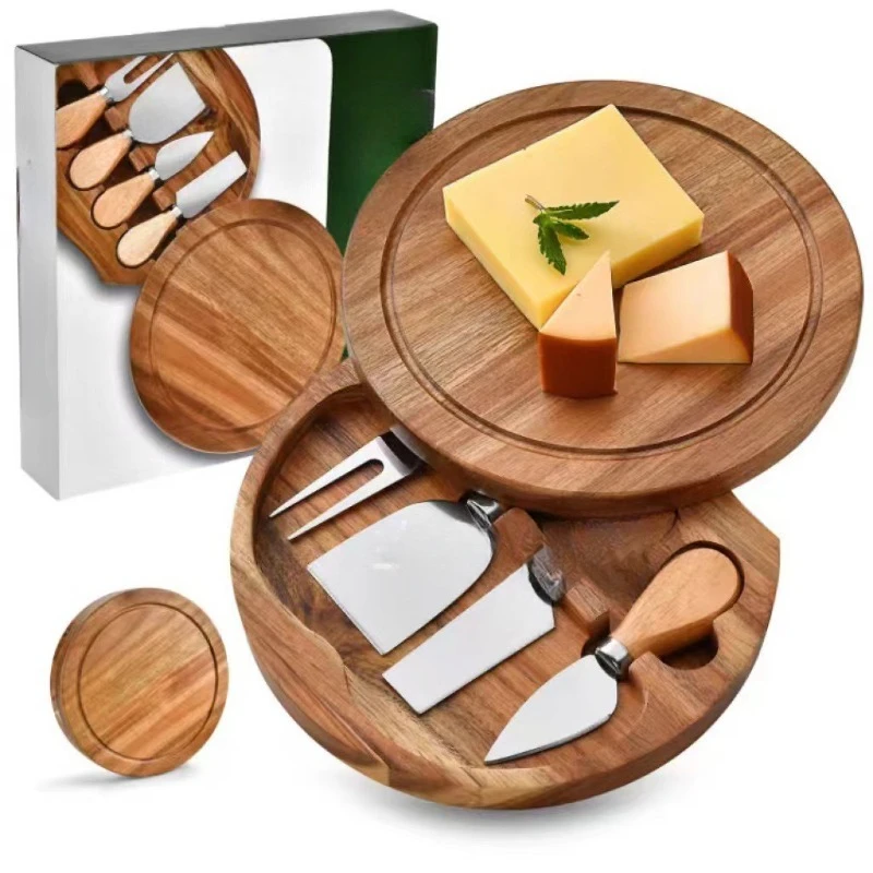 

Round Cheese Board and Knife Set Charcuterie Boards Platter Serving Tray Cheese Cutting Board for Picnic Party