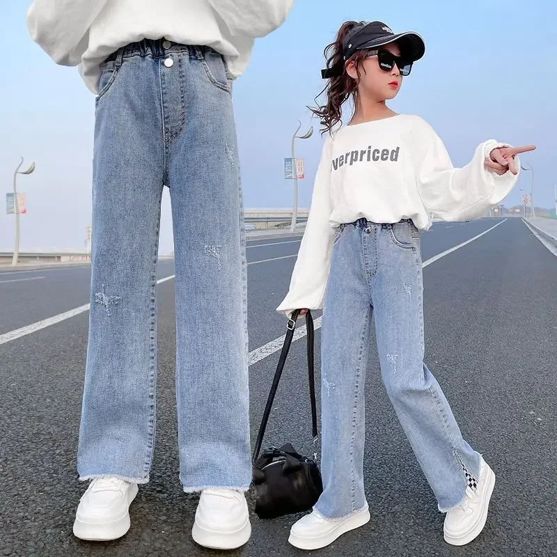 

2024 Big Teens Girl Wide Leg Jeans Kids Girls Denim Pants Children Outwear Long Trousers Girl Clothing Fall Spring 4-12Years