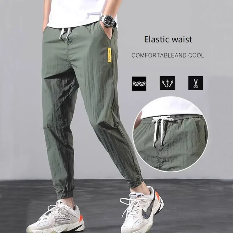 

Summer Ice Silk Men Pants Sports Outdoor Casual Trousers Elastic Waist Drawstring Comfortable Male Long Cool Loose Pant 5XL