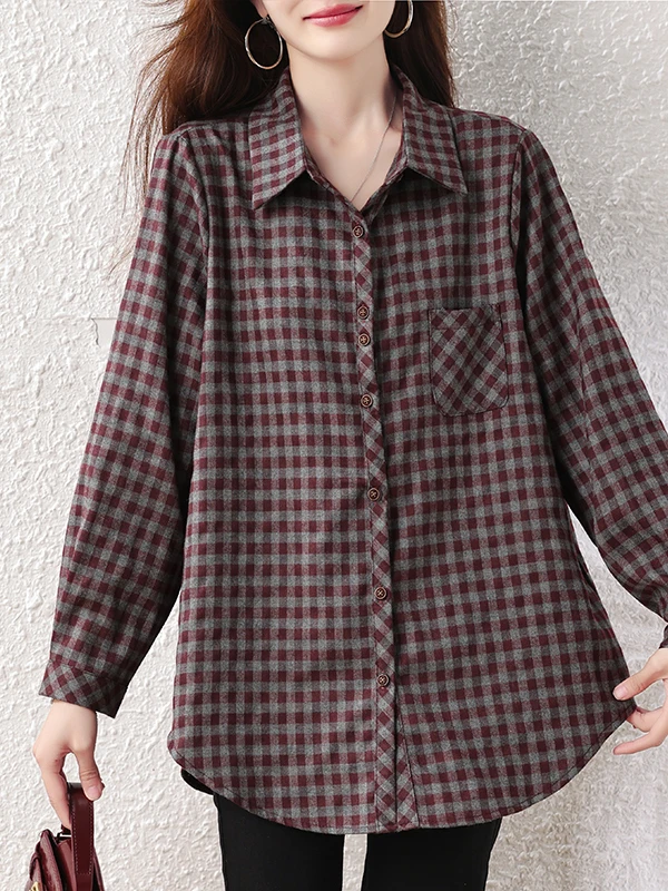 Women's Casual Fashionable Plaid Shirt 2026 Autumn New Style Korean Version Slimming Flannel Short Sleeve Polyester Fiber