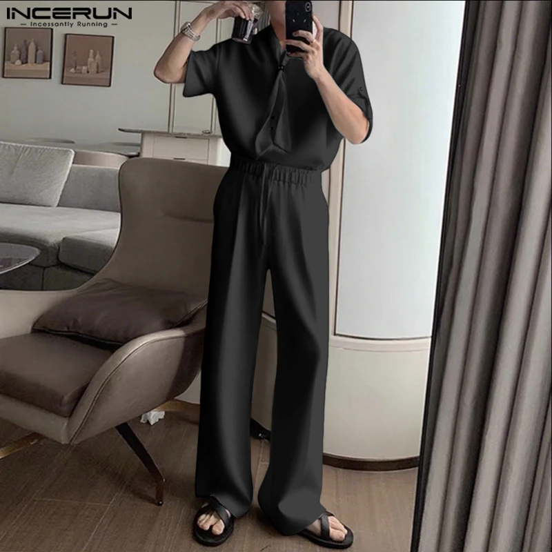 Incerun conjuntos masculinos cor sólida com decote em v camisa de manga curta e calças duas peças define streetwear solto 2025 moda casual ternos masculinos