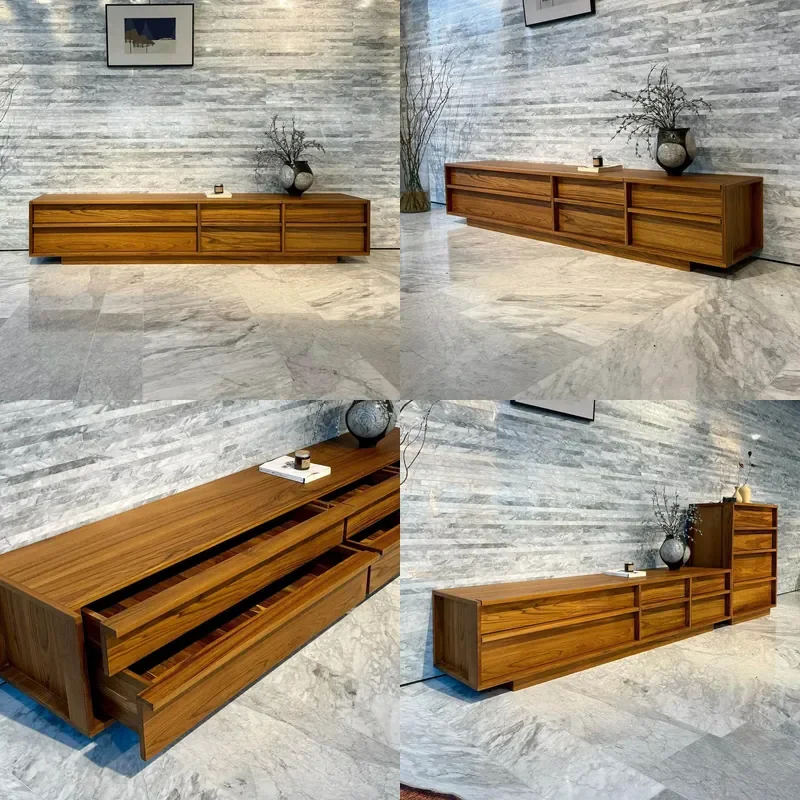 For 2.2m Myanmar Teak TV Cabinet Medieval Bone Line Nordic Simple Modern Solid Wood Log Floor Console Living Room Furniture
