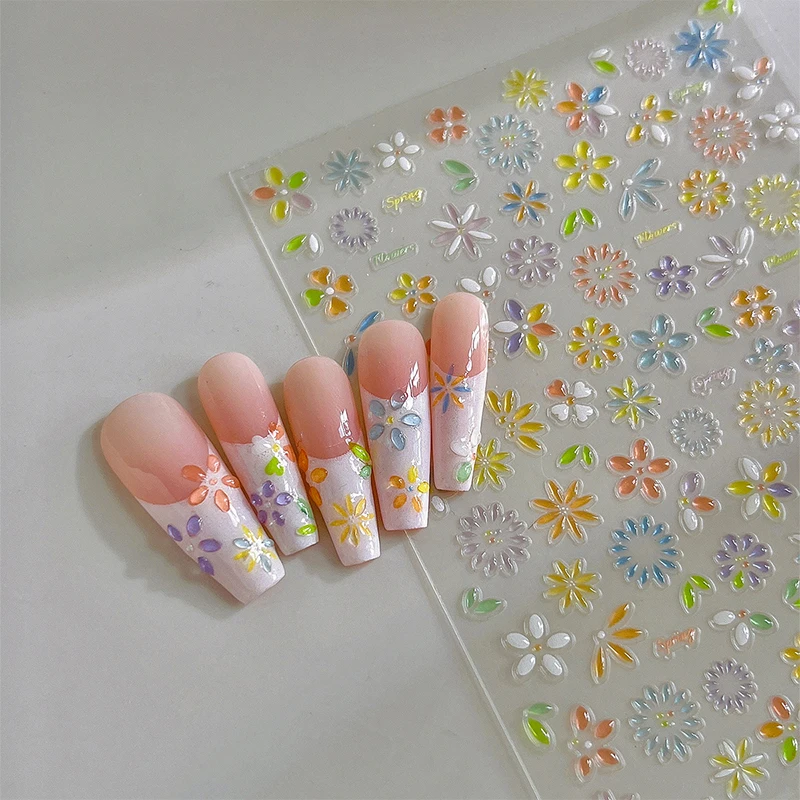 Colorful Flower Nail Sticker Relief 3D Jelly Five Petal Flower Nail Art Decoration Decals Diy Selfadhesive Sliders