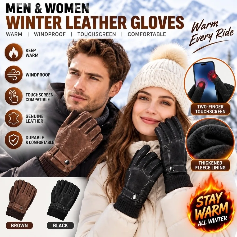 Full Finger Genuine Leather Gloves Touch Screen Windproof Riding Cycling Gloves Waterproof Non Slip Fleece Lined Gloves