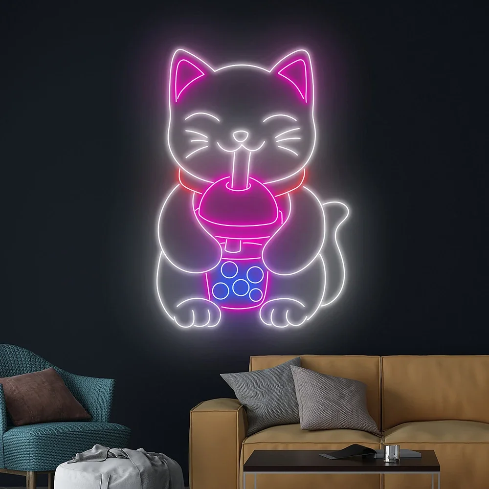 Cute Cat Drinking Boba Tea Neon Sign Bubble Tea Neon Light Kawaii Cat LED Sign But First Boba Sign Coffee Shop Open Wall Decor