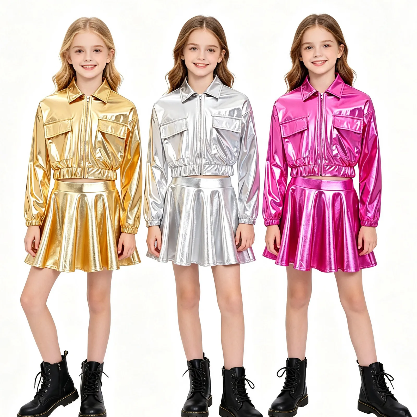 Children Girls Hip Hop Jazz Dance Costume Long Sleeve Zipper Metallic Shiny Jacket with Culottes Cheerleading Performance Outfit