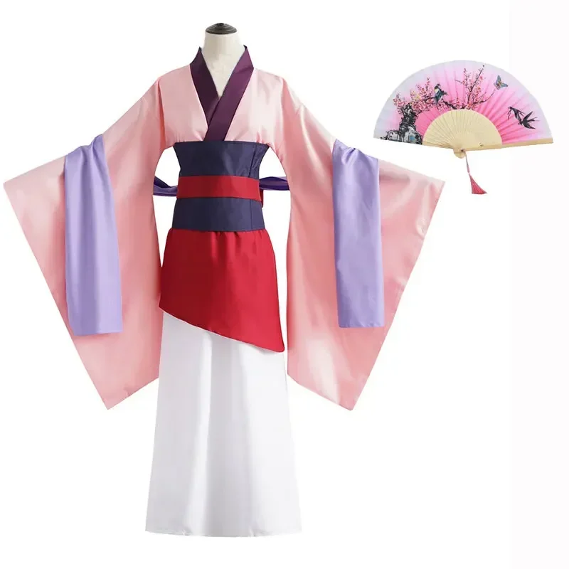 Elder girls Hua Mulan cosplay women trandition folding fan pink kimono long dress anime costume MN8