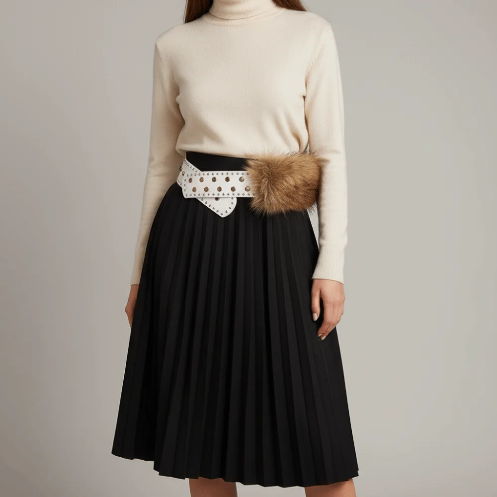 شخصية الرجعية الجلود الفراء حزام واسعة أفخم الشرير نمط حزام النمط الغربي برشام Y2K حزام الخصر فستان الديكور