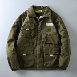 Parkas militares acolchoadas de algodão masculino, Parkas de trabalho, jaqueta vintage, colarinho de lapela, bolso múltiplo, roupas safari, casaco de inverno