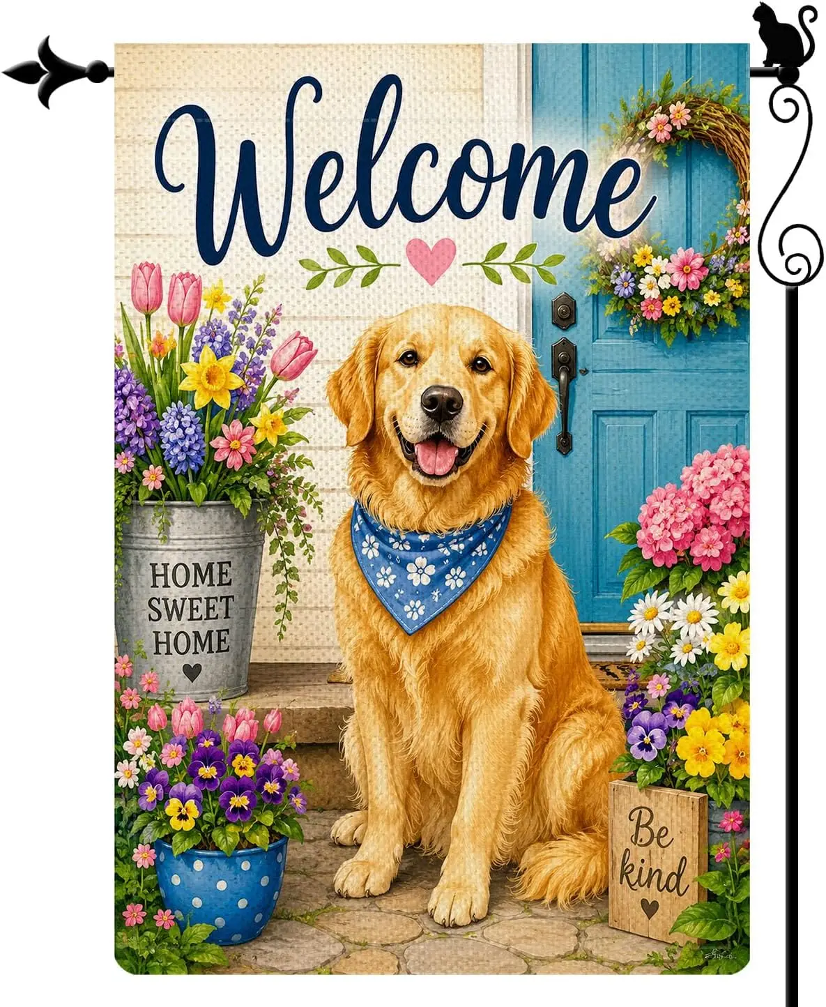 Welcome Golden Retriever Garden Flag, Double Sided 12 x 18 Inch Burlap Outdoor Yard Flag for Porch Patio Lawn Decor llp