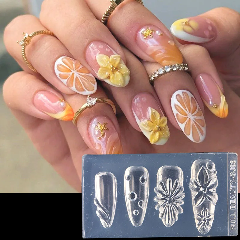3D Tropical Flower Lemon Slice Nail Art Silicone Mold Summer Crystal Flower Hibiscus Petals Bubble Nail Carving Template Stencil