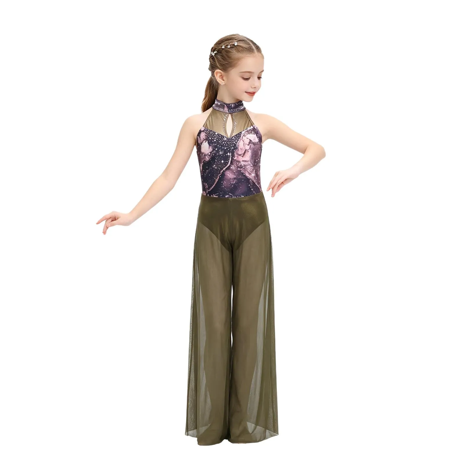 6-16Y Girls Modern Lyrical Dance Jumpsuit Sleeveless Sheer Shiny Mesh Print Figure Skating Ballet Gymnastics Acrobatics Leotard
