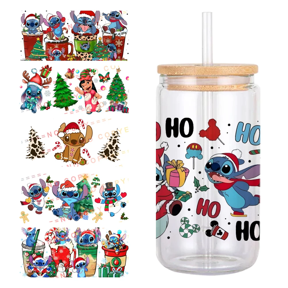 Disney Stitch Navidad UV DTF Wrap Sticker DIY para taza de vidrio de 16oz, calcomanías impermeables, taza de café para pegatina, 11x24cm