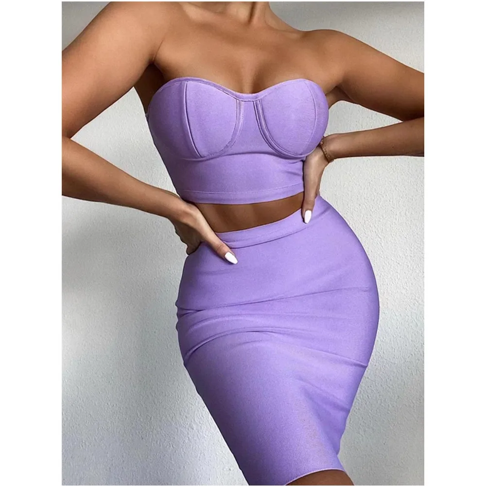 

2024 Fashion Bandage Set Sexy Bra Top High Waist Short Skirt Two Piece Banquet Dress