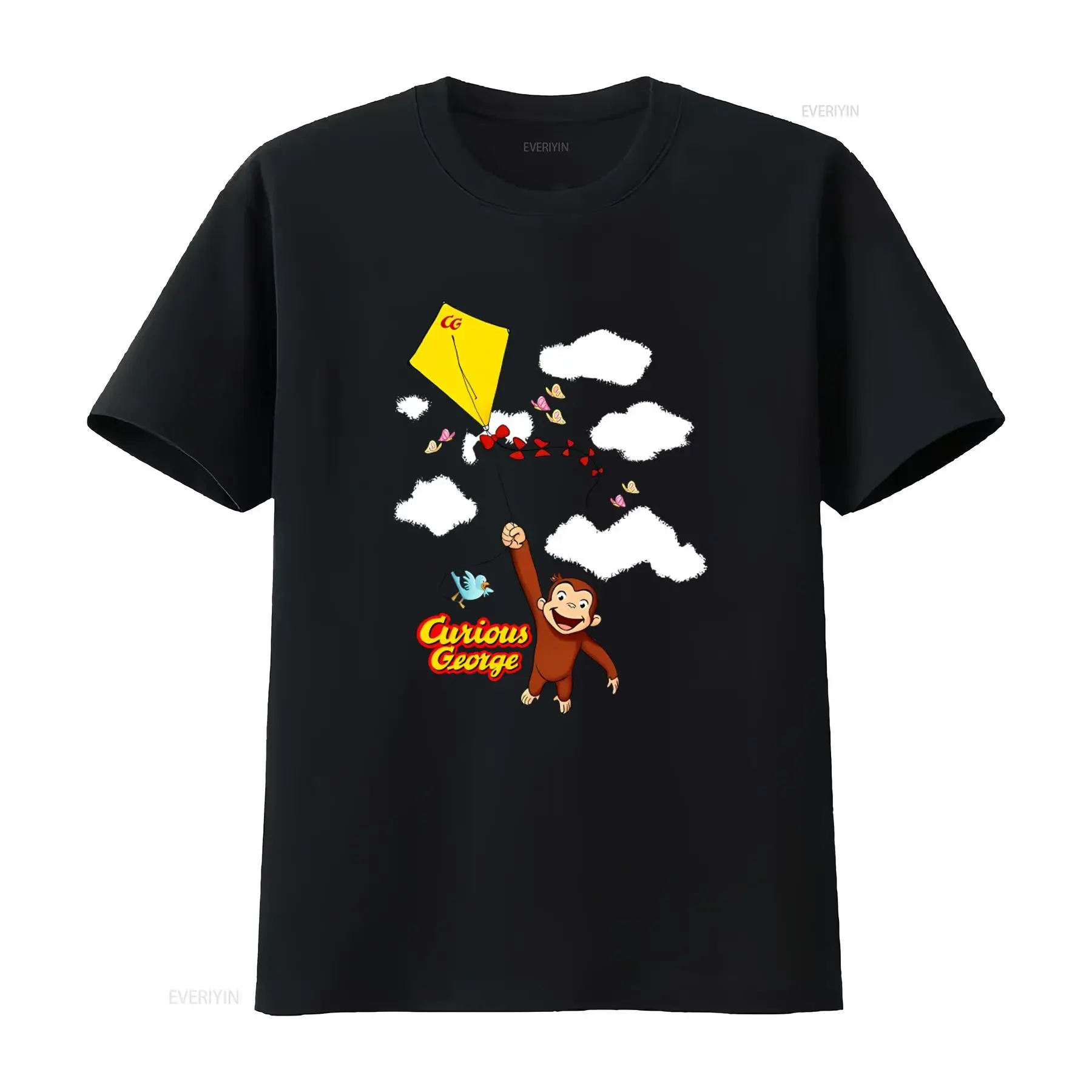Youth Fly a Kite Curious George Cartoon Print T Shirt vintage Washed Soft Slightly fashion Versatile Comfortable Unisex Stylish