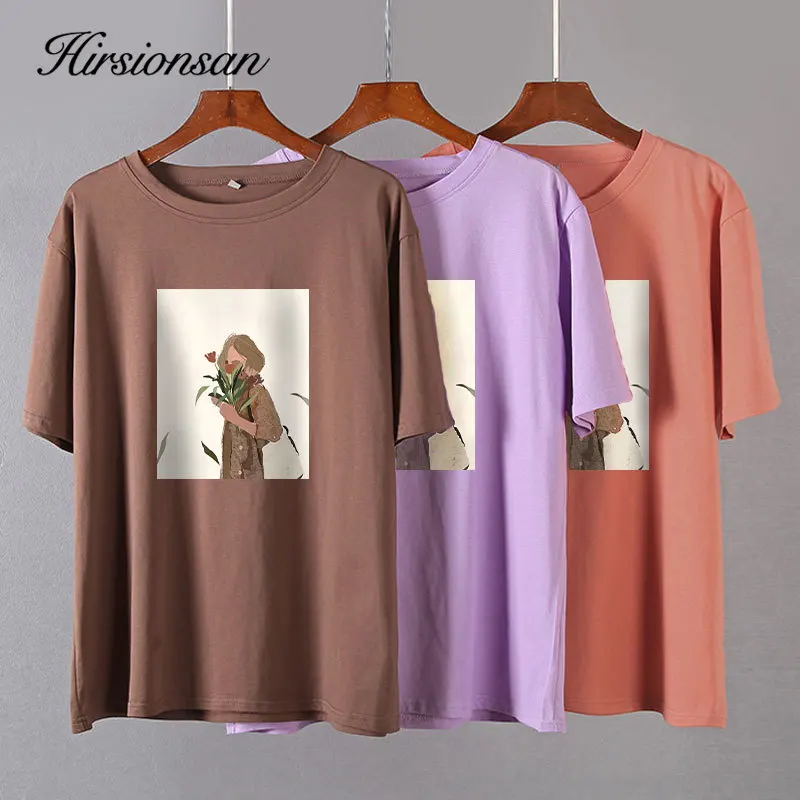 Hirsionsan Harajuku Graphic Printed Cotton T Shirts Women Korean Soft Loose Tees Aesthetic Chic Painting Basic Female Tops 2023