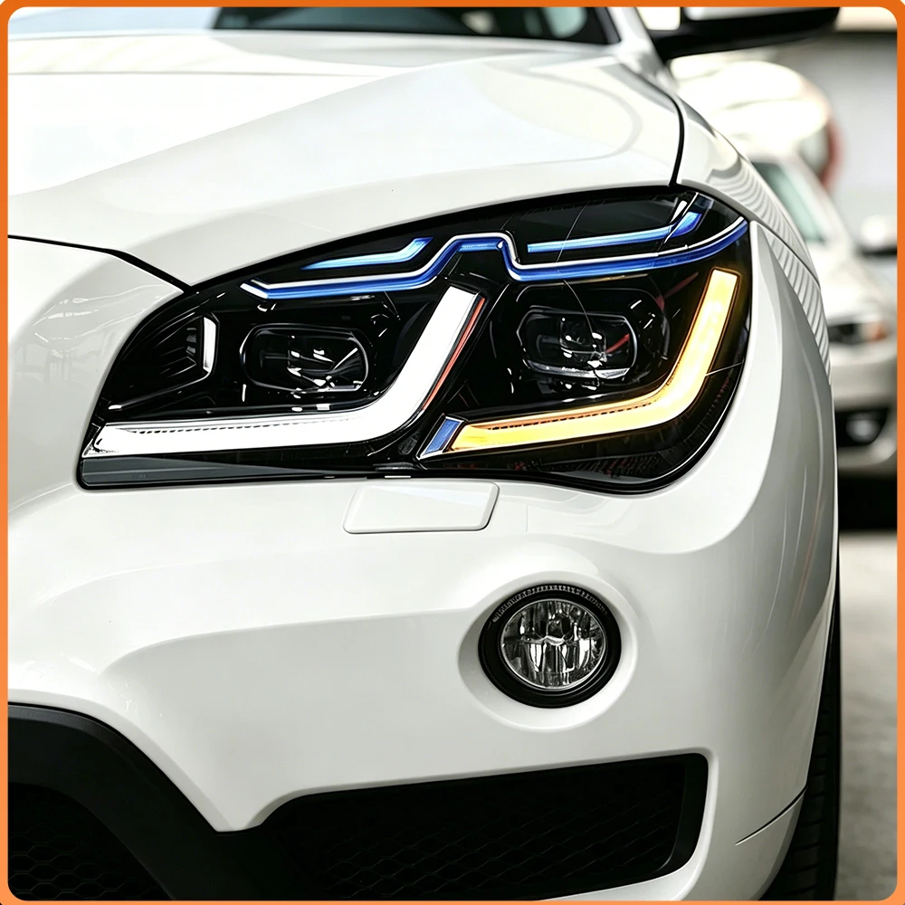 Фото Фары в сборе для BMW X1 E84 2010-2015 с синими LED-дневными ходовыми огнями, указателями поворота и линзой-проектором, Plug and Play, передние автомобильные фары