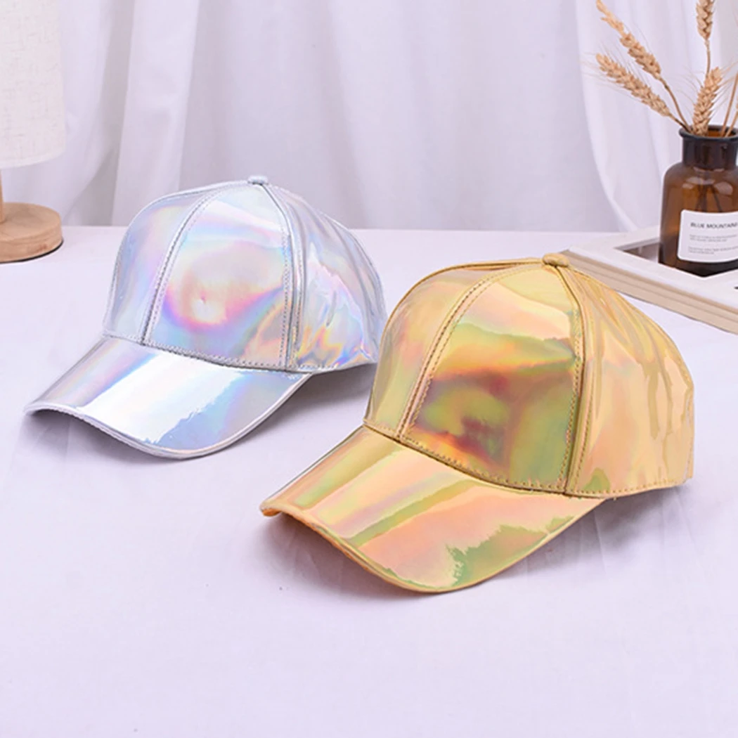 1Pc Women Men Faux Leather Baseball Cap Glitter Metallic Holographic Rainbow Reflective Hip Hop Adjustable Strapback Peaked Hat