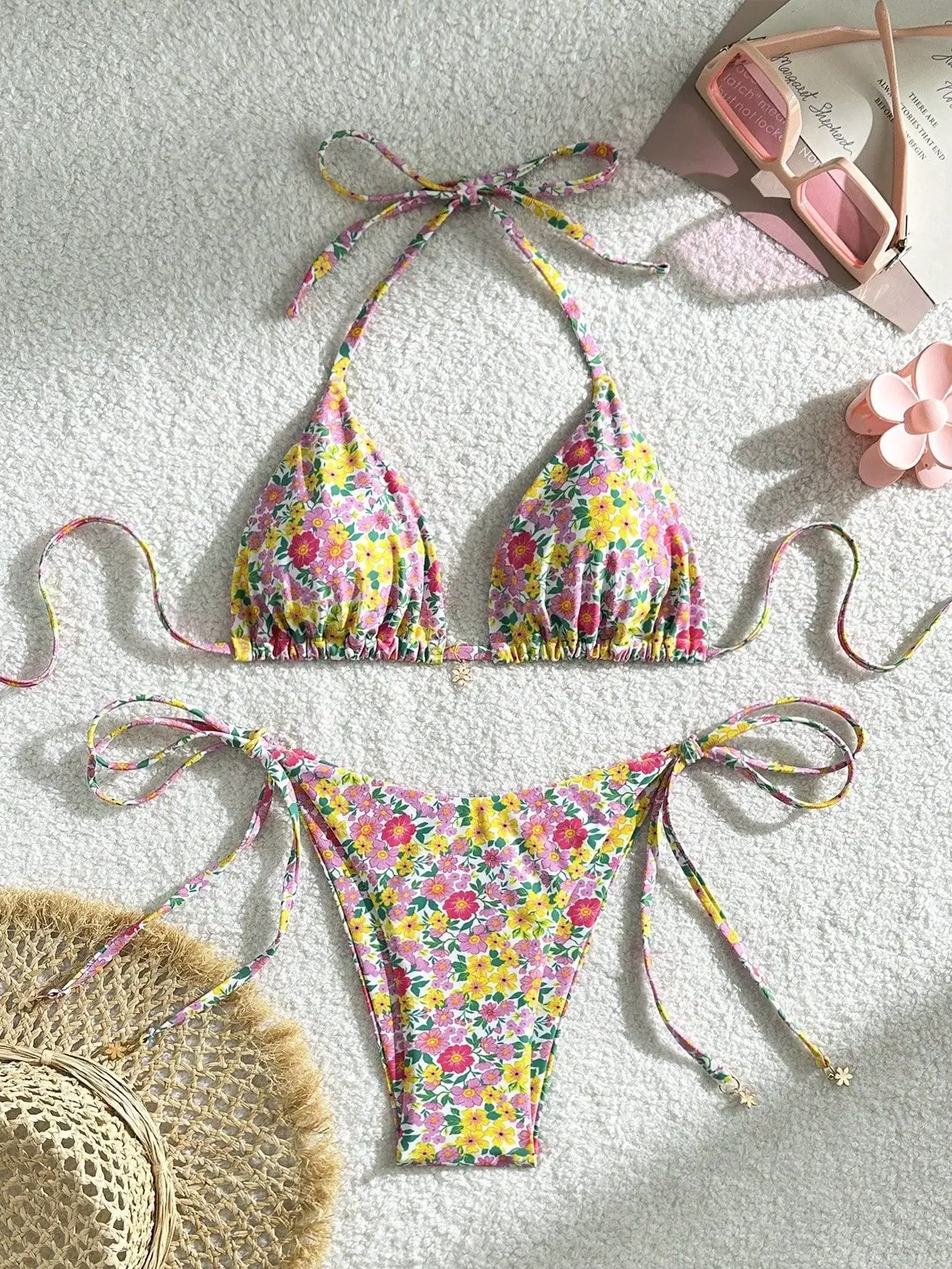 

Sexy Women's Floral Print Two Piece Swimsuit Triangle Bra Push Up Bikini Set Lace-up Suspender Backless Beach Vacation Swimwear