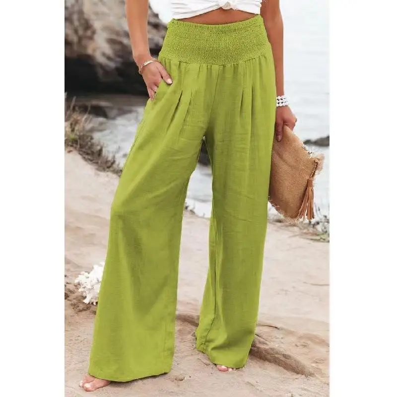 2024 Spring/Summer Women's Clothing Cotton and Hemp Solid Color Elastic Waist Wide Leg Pants Casual Pants Women's Pants