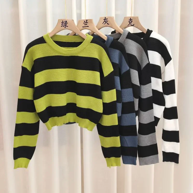 Women Striped Sweater Korean Style Female Long Sleeve O-neck Pullovers Tops 2024 Autumn Winter Vintage Oversize Knitted Jumper