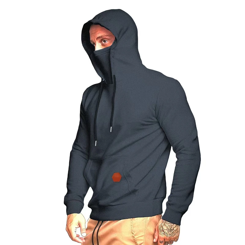 Men Casual Long Sleeve Streetwear Hip Hop Hoodie Solid Color Drawstring Hooded Sweatshirts Ninja Mask Face Pullover Clothes Tops