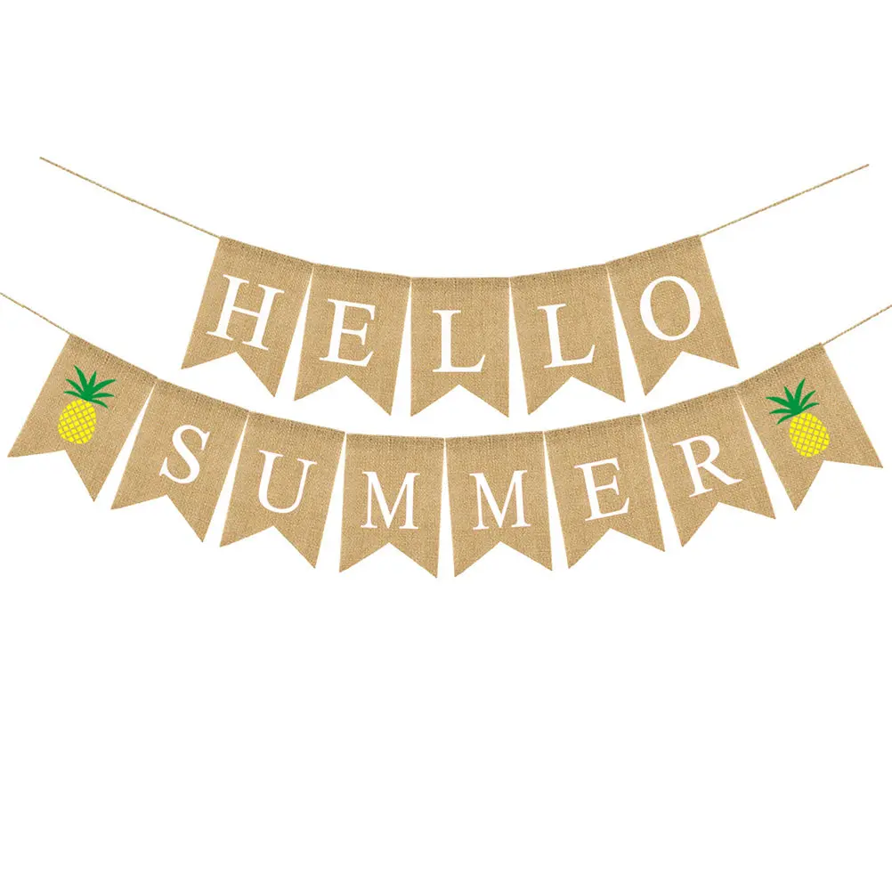 Hello Summer Letters Hawaii Party Bunting Banner Linen Dovetail Shape Pineapple Decor for Summer Party Supplies and Photoshoot