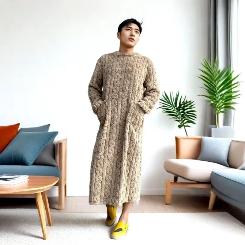Men's Coral Velvet Nightgown Autumn Winter Long Sleeve Double Pocket Flannel Nightgowns Home Robe Loose Solid Sleepwear