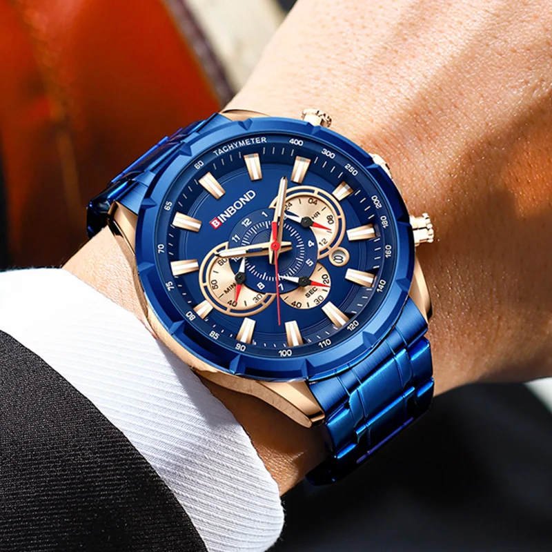 BINBOND العلامة التجارية الجديدة رجال الأعمال كوارتز ساعة موضة الفولاذ المقاوم للصدأ مقاوم للماء الرياضة عادية متعددة الوظائف الفاخرة رجل الساعات