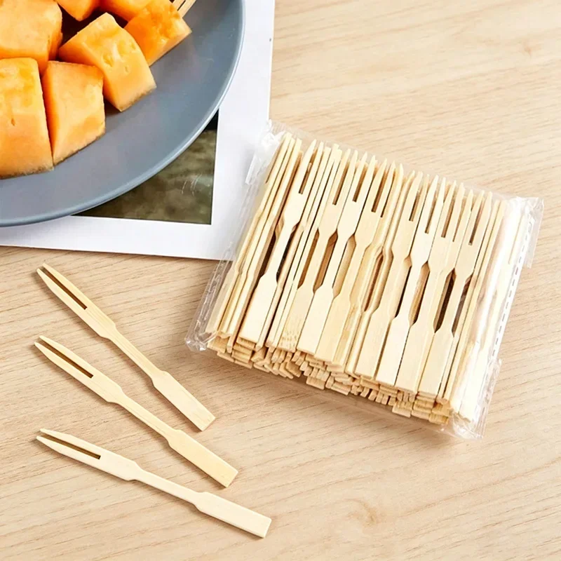 100 Uds. Tenedores de bambú desechables para fruta, palillos de madera, tenedores para postre, set de tenedores para fiestas, suministros de vajilla para el hogar, tenedores desechables SGC02