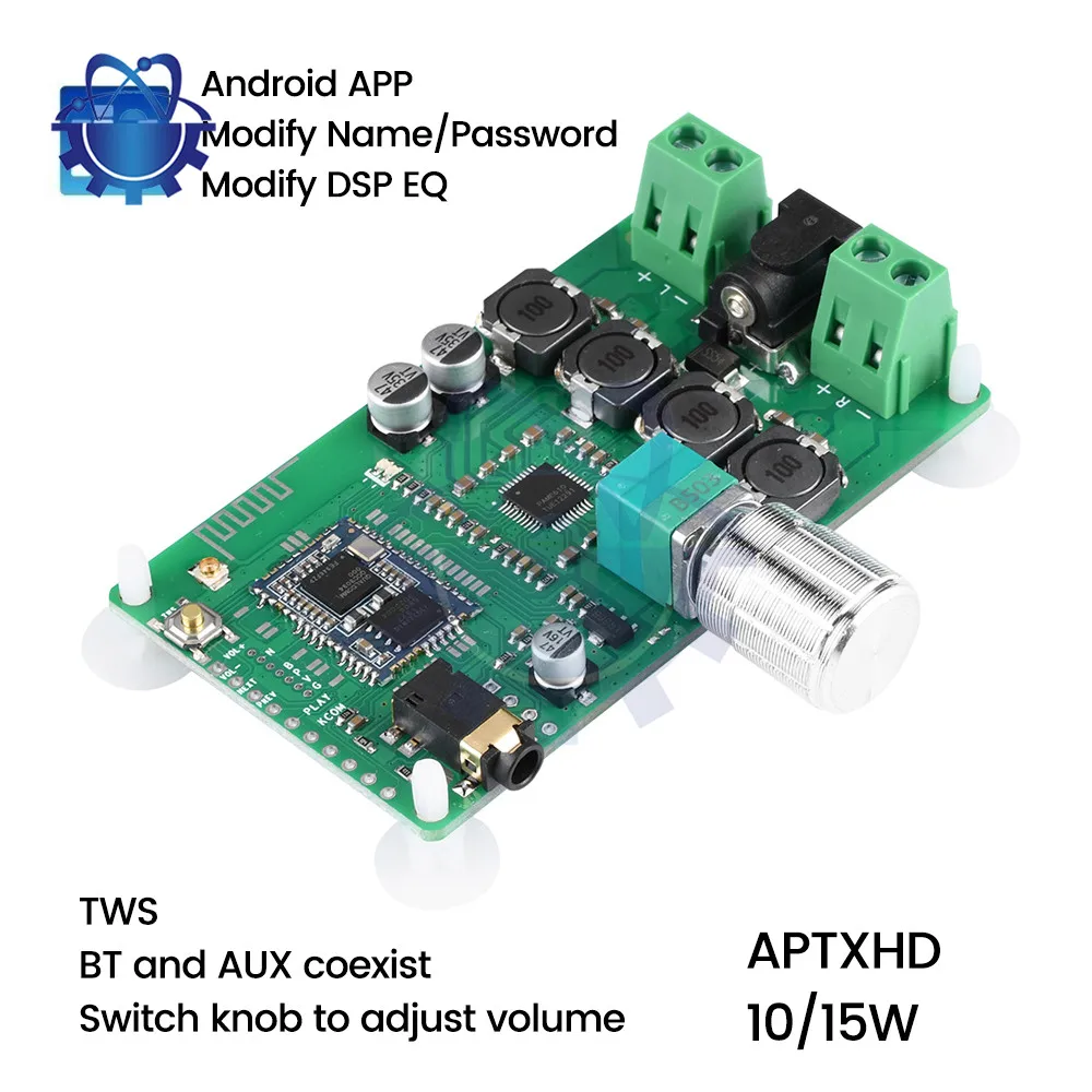 

DC7-15V EQ Bluetooth 5.1 Qualcomm QCC3034 Amplifier Board Module with AUX 2x10W/20W Knob Adjustment No Calls