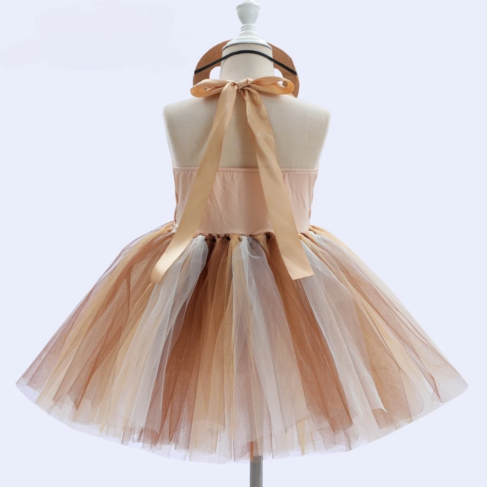 Girls Brown Cartoon Cute Sloth Style Tutu Dress Breathable Tulle Skirt With Mask Kids Halloween Party Stage Performance Clothing
