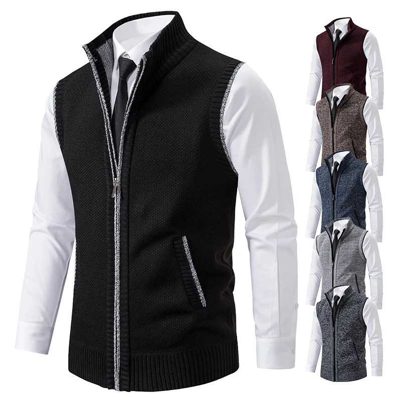 Men's Knitted Sleeveless Sweater Cardigan Zipper Sweater Vest Casual Sleeveless Warm Jacket Slim Fit Stand Collar Sweatercoat