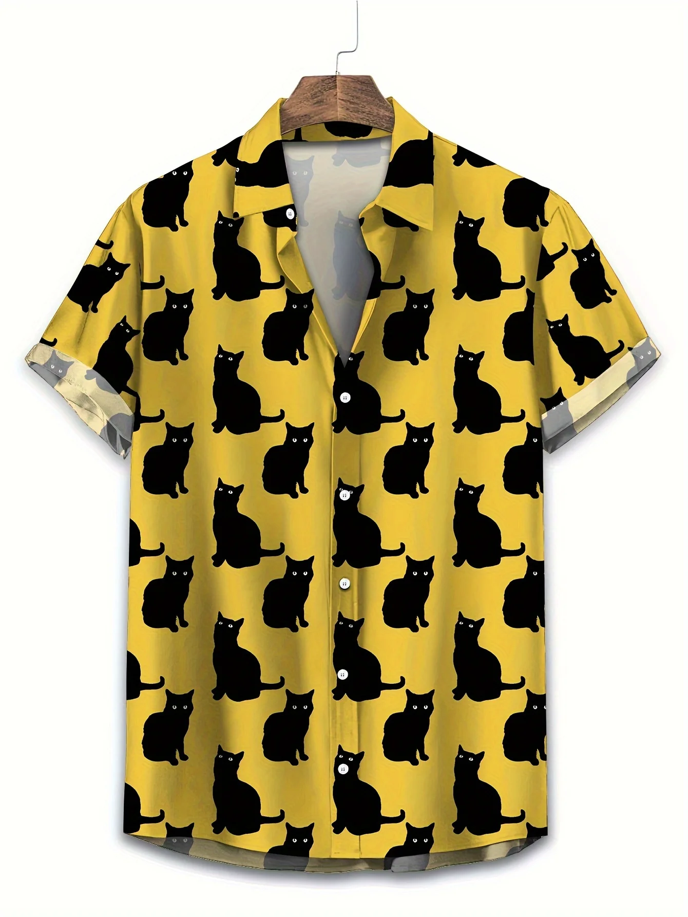 

Мужская гавайская рубашка с милым принтом черного кота на пуговицах с короткими рукавами, для пляжного отдыха, повседневных прогулок и повседневной одежды