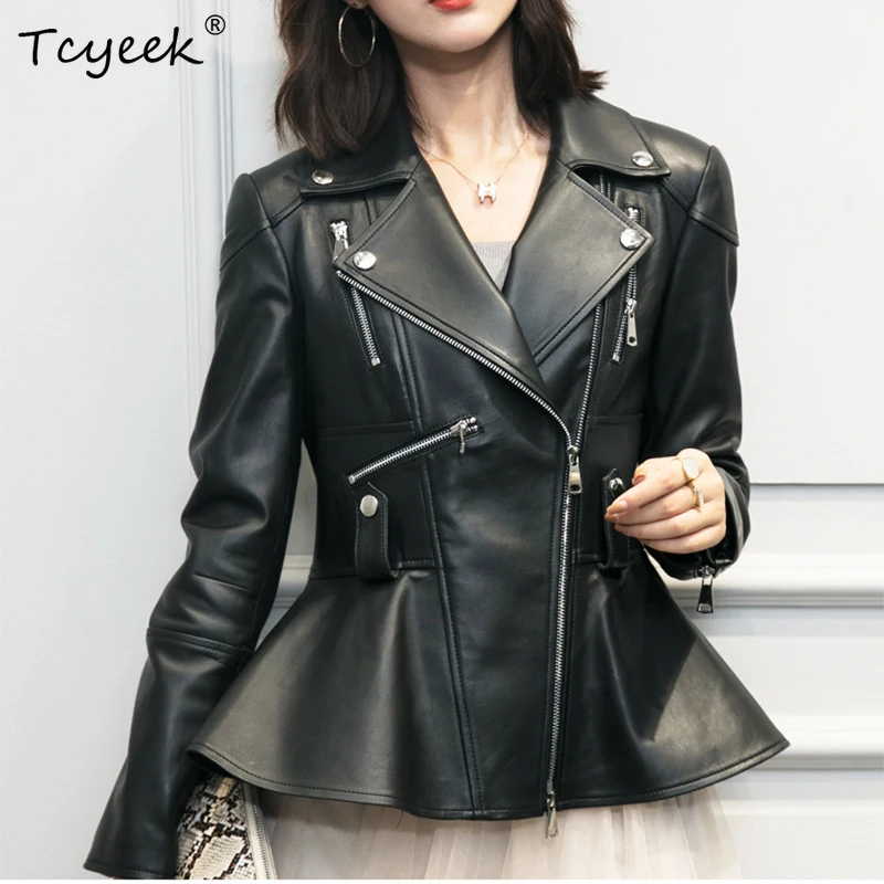 Women's Moto Biker Zipper Jacket Spring Medium and Long Sheepskin Slim fit Coat Office Lady Ruffles Lapel Genuine Leather Jacket