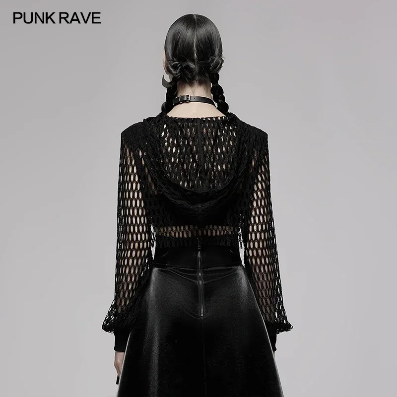 PUNK RAVE Women\'s Gothic Short Hollow Mesh Chinese Style Long Sleeve Sweatshirt Hooded Fashion Black Tops Spring/Autumn