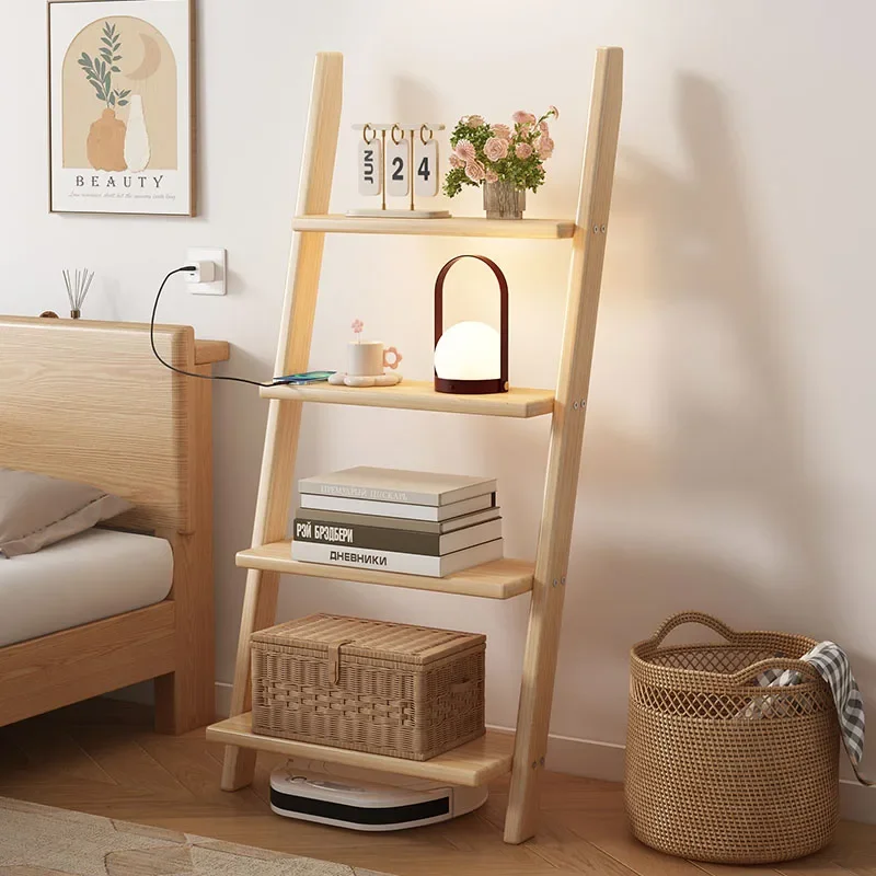 ‌Solid Wood Wall Shelf, Creative Ladder Bookcase, Heavy-Duty Floor Storage Rack, Minimalist Shelving Unit for Balcony Study