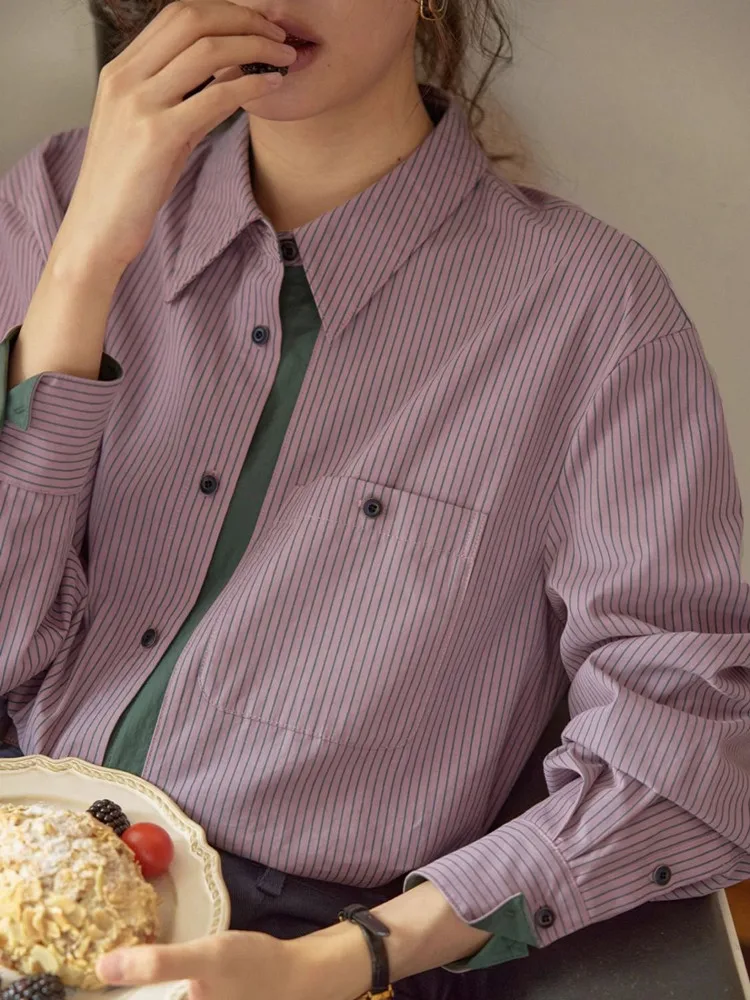 

Spring Japanese Style Artistic Striped Shirt,Women's Classic Versatile Loose and Slimming Korean Version Long Sleeved Top