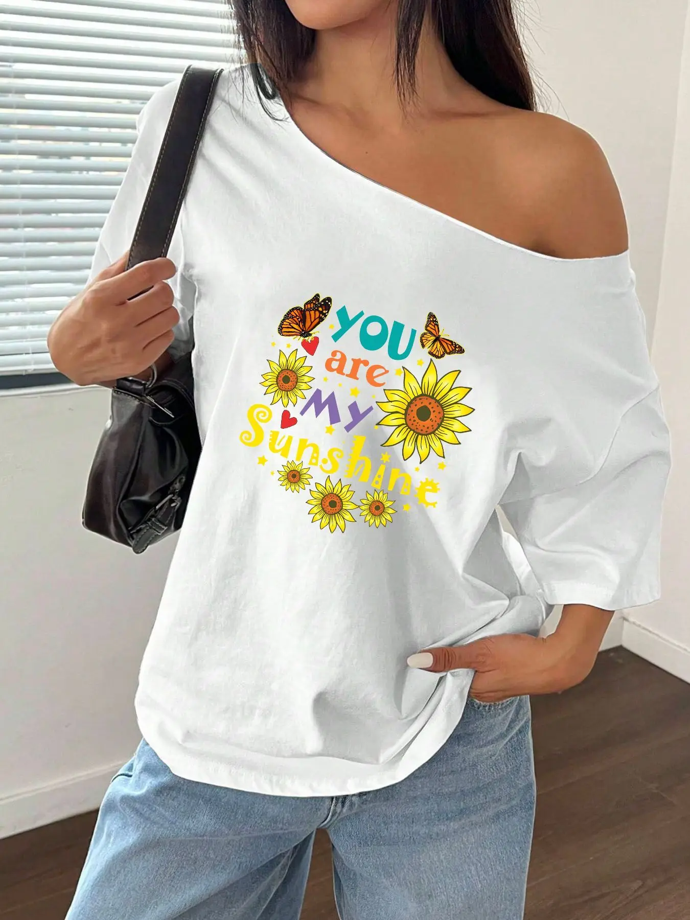 100% Cotton Plus Size Sunflower Butterfly Print Shoulder Loose Print T-Shirt Oversized Y2K Style Graphic Tees Women Tops Summ