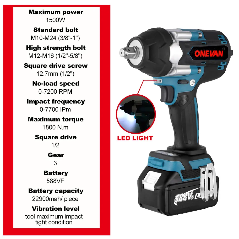 ONEVAN 1800N.M Torque Brushless Electric Wrench 1/2 Inch Cordless Impact Wrench DTW700 Power Tool For Makita 18V Battery