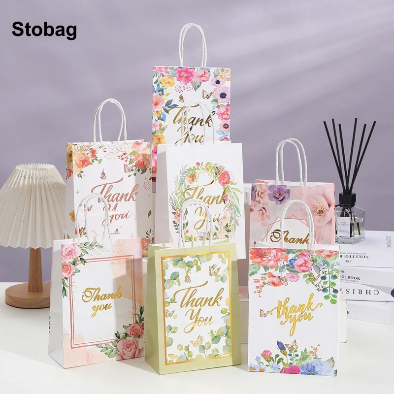 

StoBag 24pcs Wholesale Kraft paper Gift Tote Bags Wedding Thank You Handbag Packaging for Candy Snack Pouch Birthday Party Favor