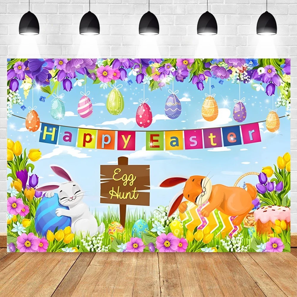 Spring Easter Photography Backdrop He Is Risen Jesus Cross Religious Flowers Rabbits Grass Baby Shower Background Photo Studio